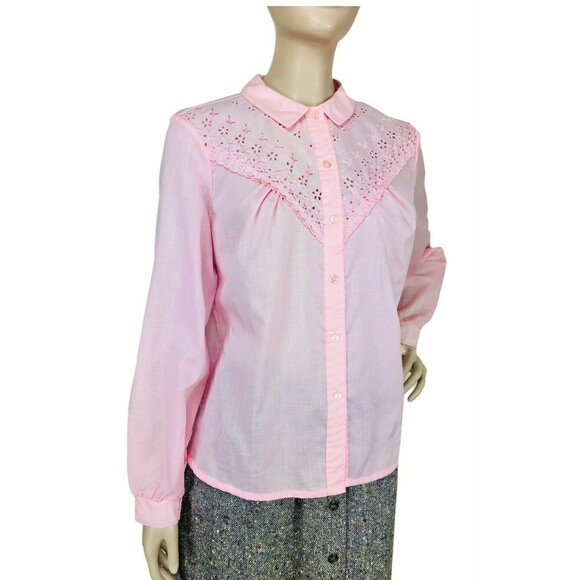 Vintage 60s 70s Pleated Pink Eyelet Yoke Prairie Cottagecore Boho Western Blouse - Picture 1 of 9